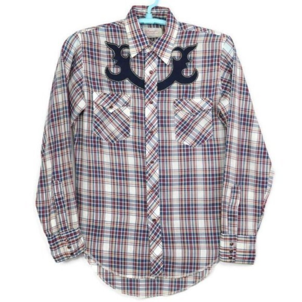 Vintage Wrangler‎ Western Shirt Blue Plaid Pearl Snap Long Tails M Medium 34 35